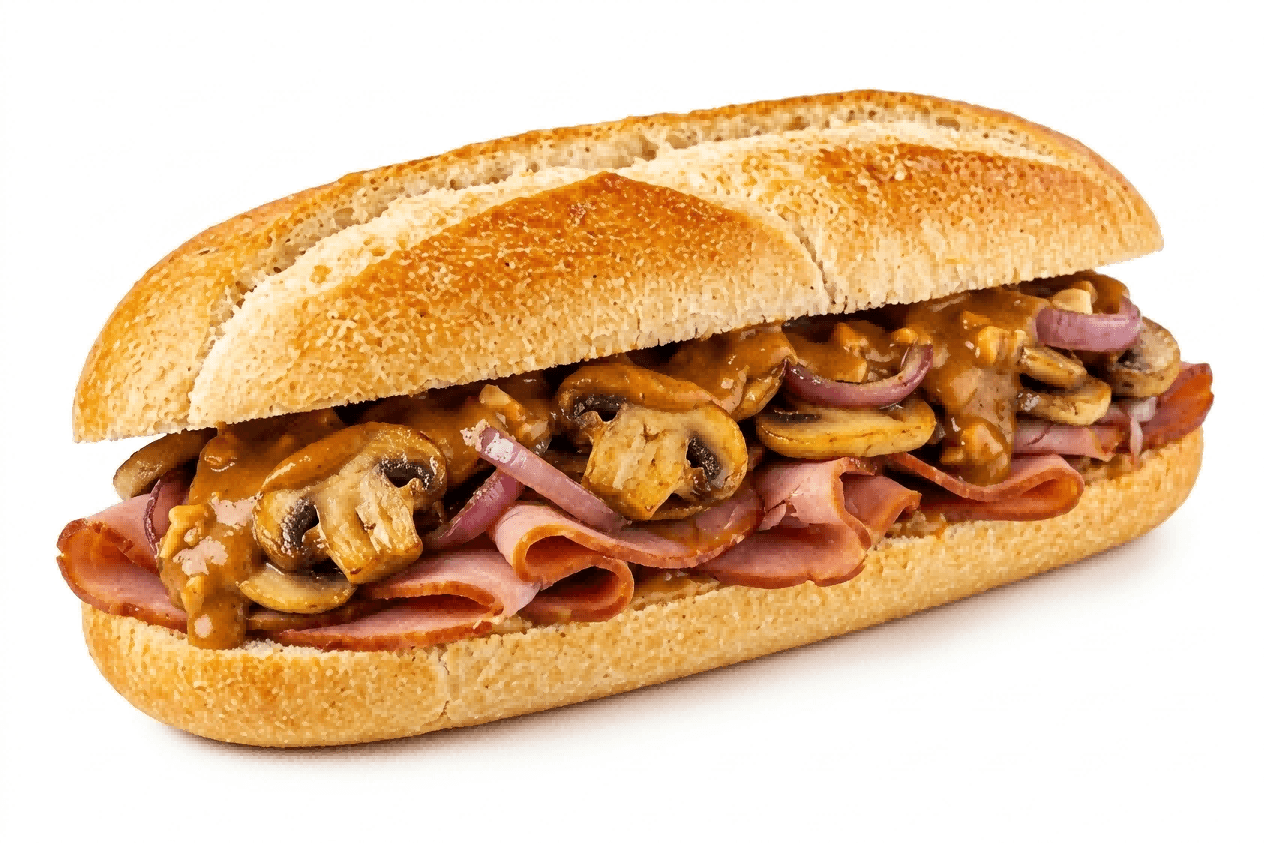  Beenham, gebakken champignons, ui  en satésaus